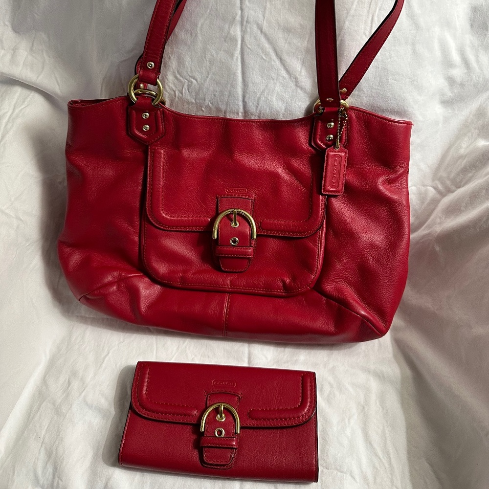 Coach No H1381-F24961 Campbell Red Leather Belle Carryall Purse &  Wallet